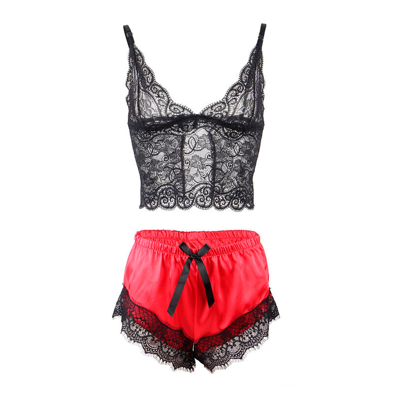 SUBBLIME - 953959 SEXY SATIN AND LACE BLACK/RED PAJAMAS S/M