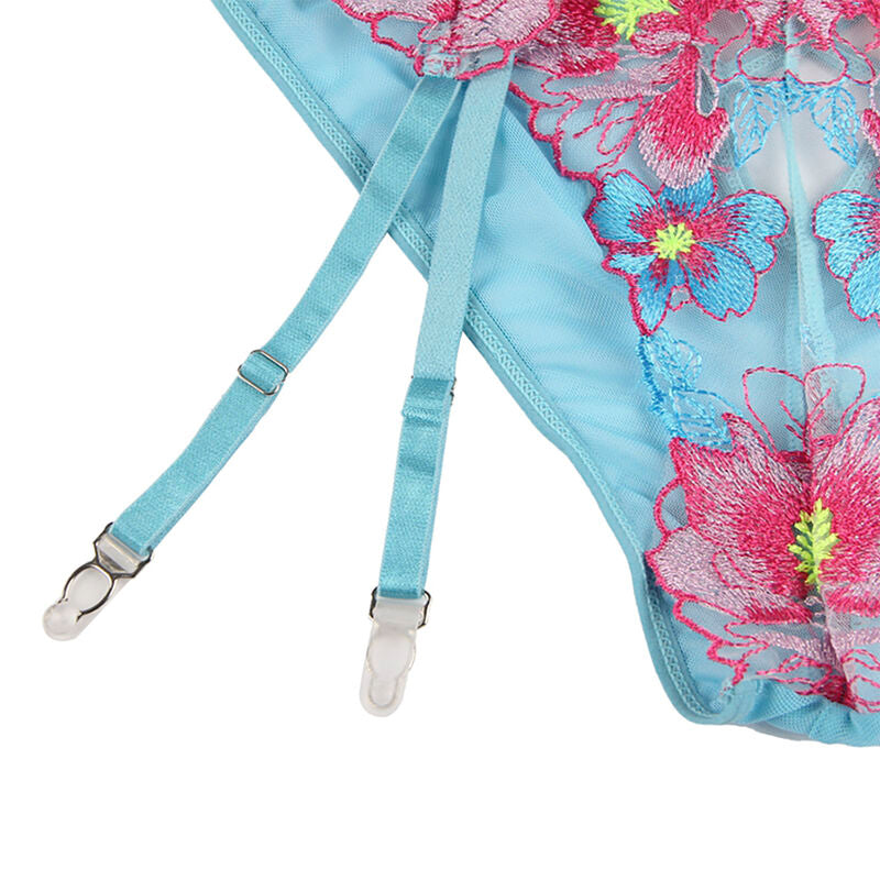 SUBBLIME - 954109 SOUTIEN-GORGE + CULOTTE AVEC PORTE-JARRETELLES MOTIF FLEURI BLEU S/M