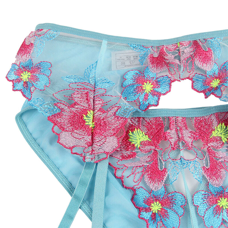 SUBBLIME - 954109 SOUTIEN-GORGE + CULOTTE AVEC PORTE-JARRETELLES MOTIF FLEURI BLEU S/M