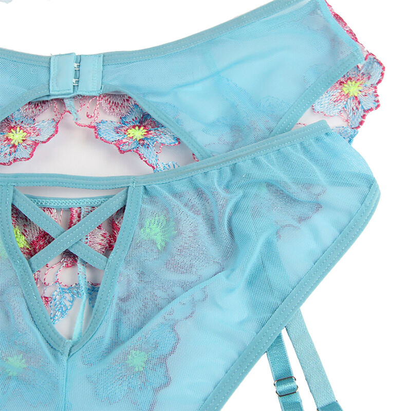 SUBBLIME - 954116 BRA + PANTIES WITH GARTER STRAP FLORAL DESIGN BLUE L/XL