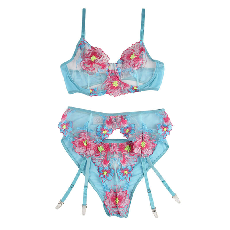 SUBBLIME - 954116 BRA + PANTIES WITH GARTER STRAP FLORAL DESIGN BLUE L/XL