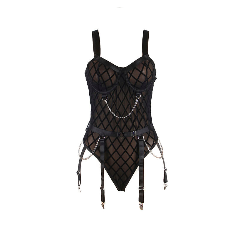 SUBBLIME - 954260 BODYSUIT WITH CHAINS + GARTER STRAPS BLACK S/M