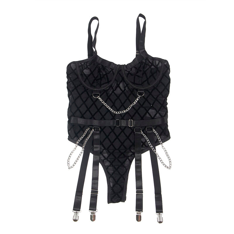 SUBBLIME - 954277 BODYSUIT WITH CHAINS + GARTER STRAPS BLACK L/XL