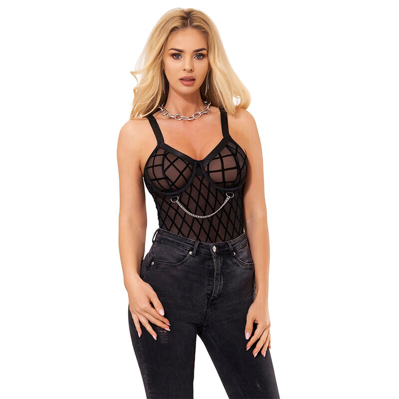SUBBLIME - 954277 BODYSUIT WITH CHAINS + GARTER STRAPS BLACK L/XL