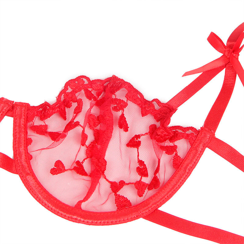 SUBBLIME - 954338 SOUTIEN-GORGE + TANGA + PORTE-JARRETELLES IMPRIMÉ CŒURS ROUGE L/XL