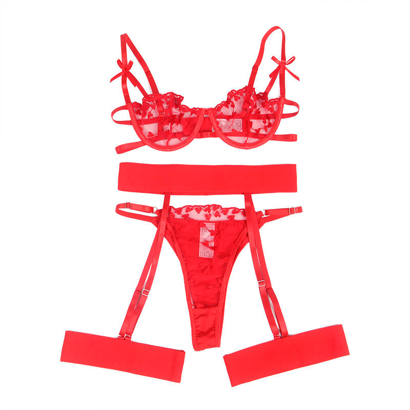 SUBBLIME - 954338 SOUTIEN-GORGE + TANGA + PORTE-JARRETELLES IMPRIMÉ CŒURS ROUGE L/XL
