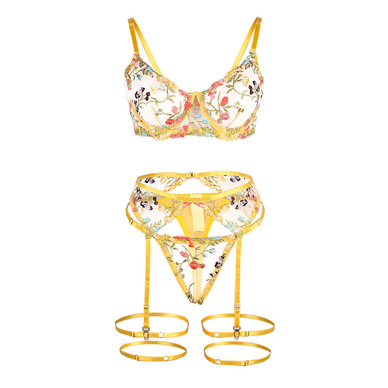 SUBBLIME - 954345 BRA + THONG + GARTERS FLORAL DESIGN YELLOW S/M