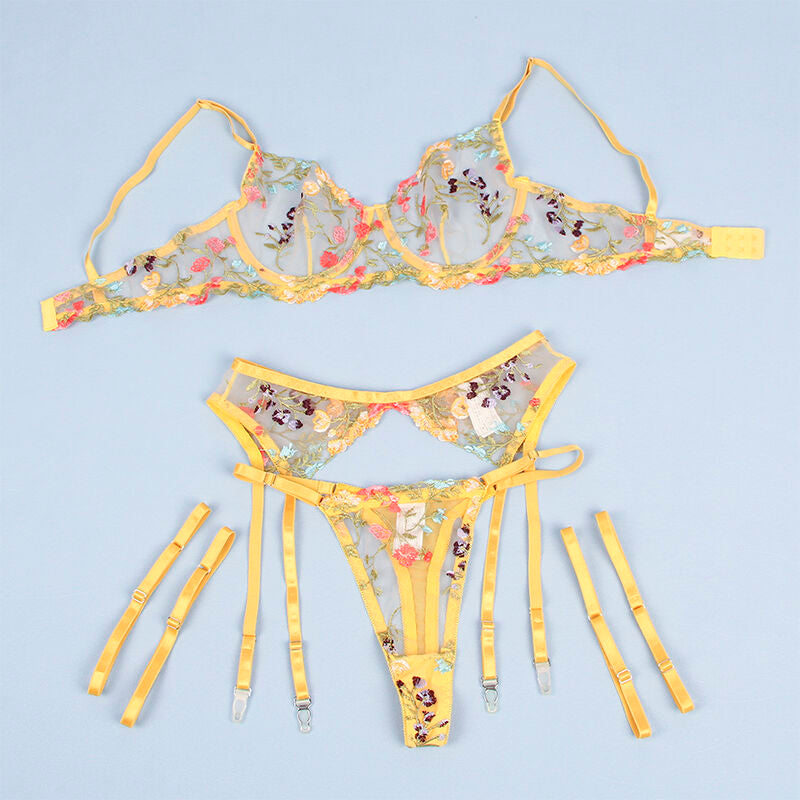 SUBBLIME - 954345 BRA + THONG + GARTERS FLORAL DESIGN YELLOW S/M