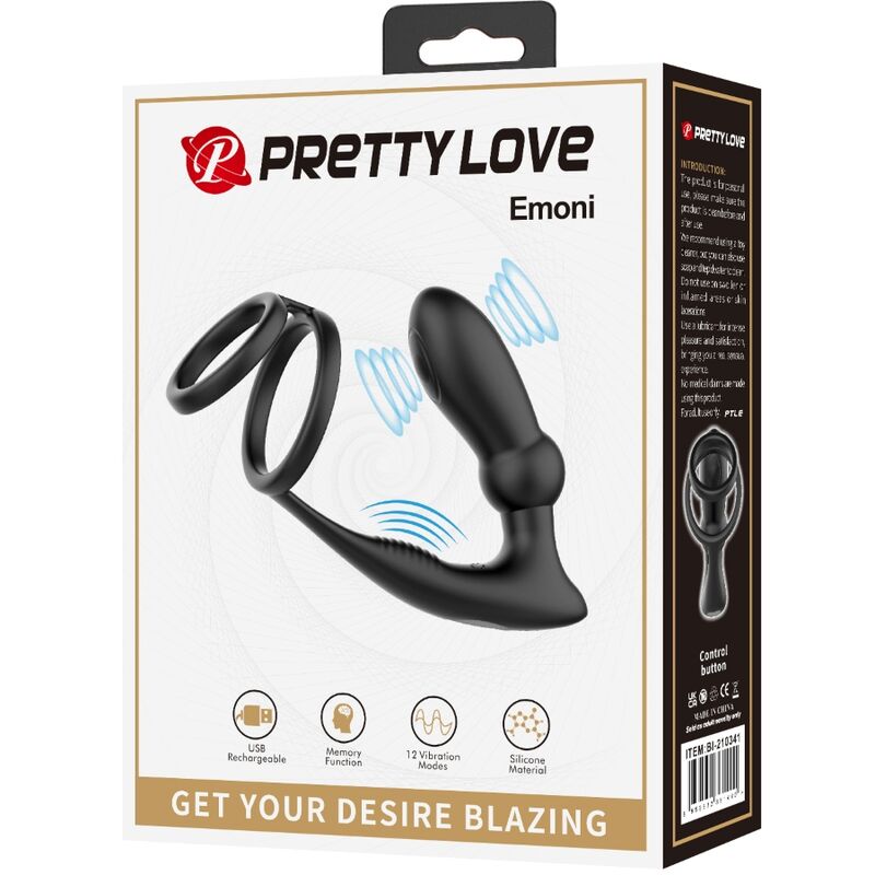 PRETTY LOVE - EMONI ANNEAU PÉNIEN + PLUG ANAL 12 VIBRATIONS NOIR