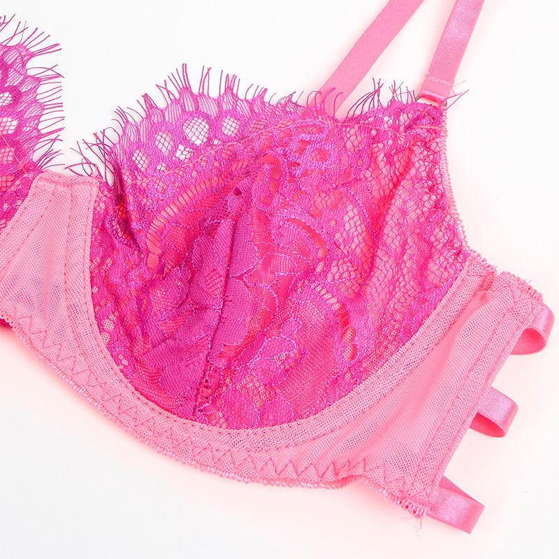 SUBBLIME - 955366 SET SUJETADOR CON ENCAJE Y LIGUEROS ROSA Y MORADO L/XL