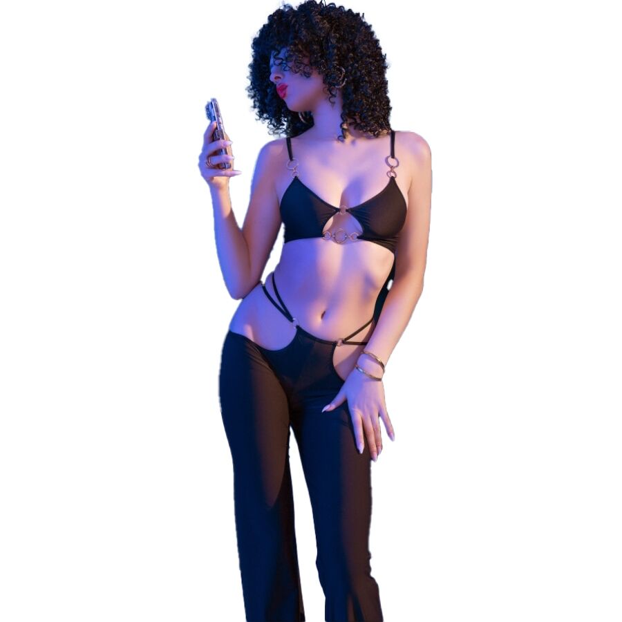 CHILIROSE - CR 4851 ENSEMBLE HAUT NOIR ET LEGGING AVEC ACCESSOIRES DORÉS L