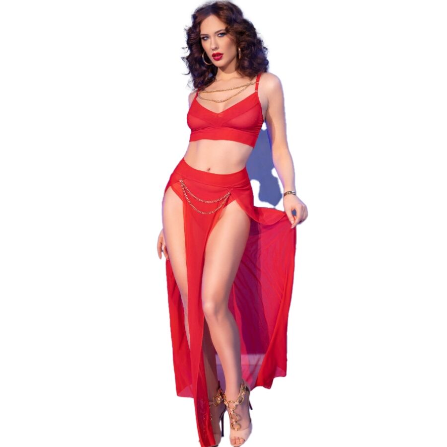 CHILIROSE - CR 4850 ENSEMBLE TOP ROUGE ET LEGGING AVEC ACCESSOIRES DORÉS S