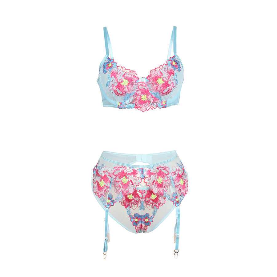 SUBBLIME - 957643 BRA AND GARTER SET WITH PINK FLOWER EMBROIDERY S/M