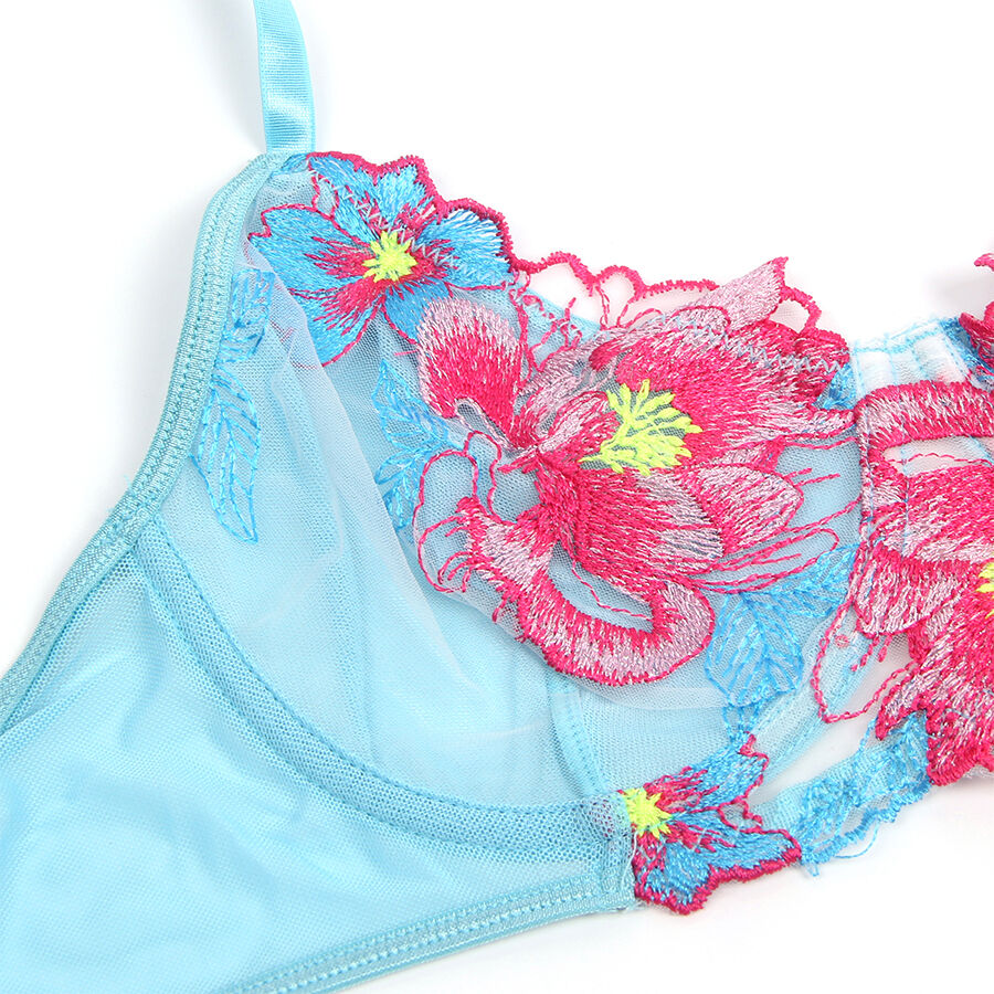 SUBBLIME - 957643 BRA AND GARTER SET WITH PINK FLOWER EMBROIDERY S/M