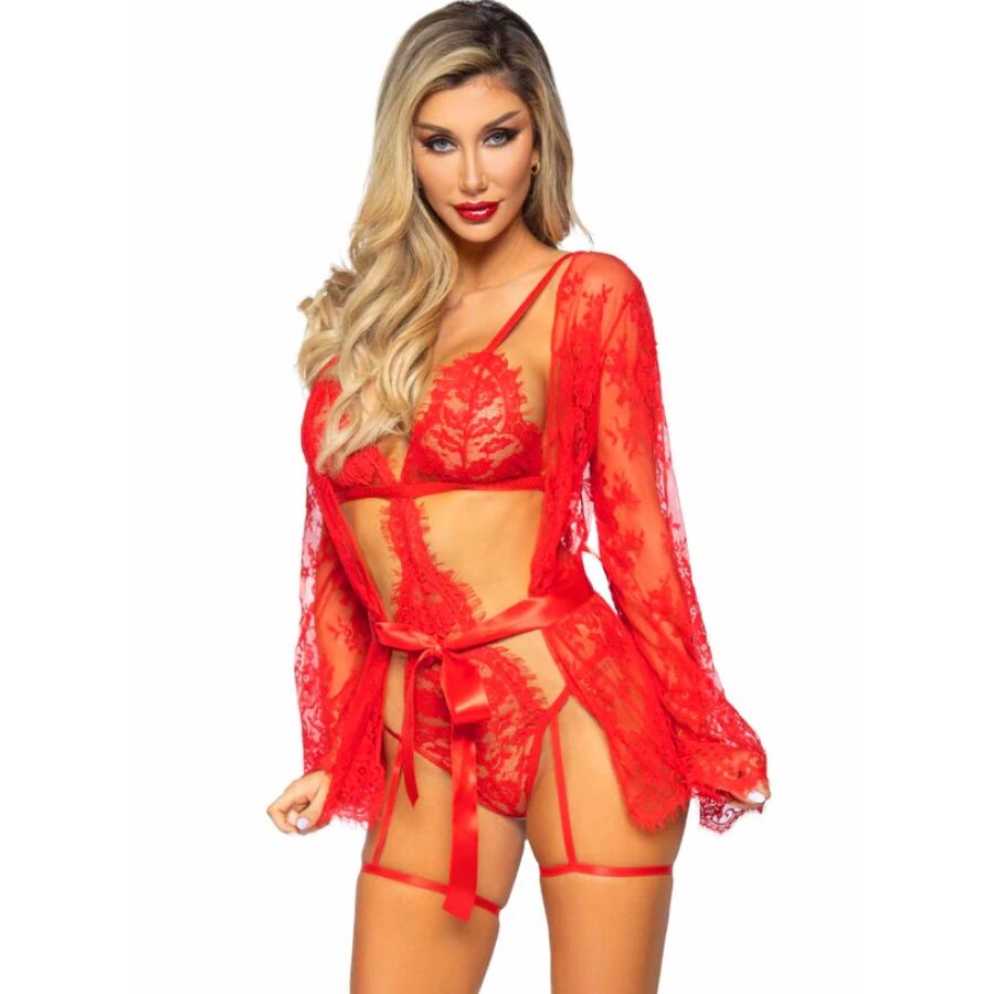 LEG AVENUE - 86123 SET BODY + BATA DE LIGUERO ROJO TALLA M