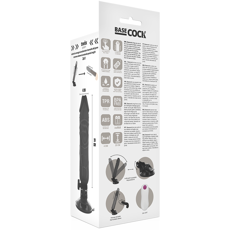 BASECOCK - VIBROMASSEUR RÉALISTE TÉLÉCOMMANDE NOIR 20 CM -O- 4 CM