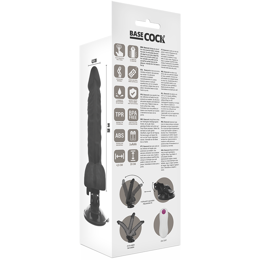 BASECOCK - ARTICULABLE REALISTIC VIBRATOR REMOTE CONTROL BLACK 20 CM -OR- 4.5 CM